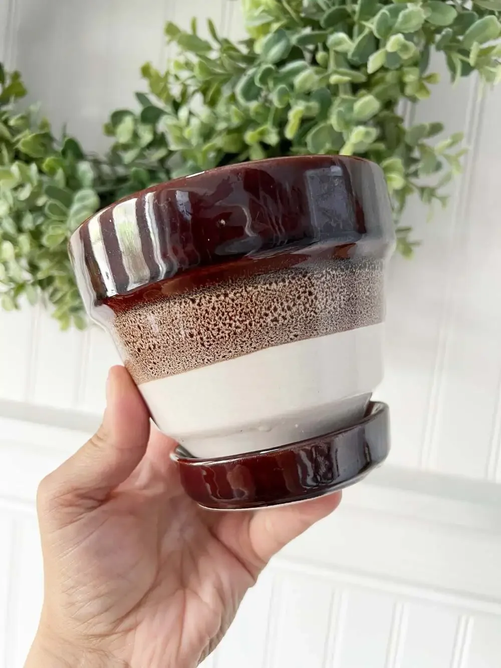 Vintage CDP Brown and White Striped Ceramic Planter Pot with Drip Tray